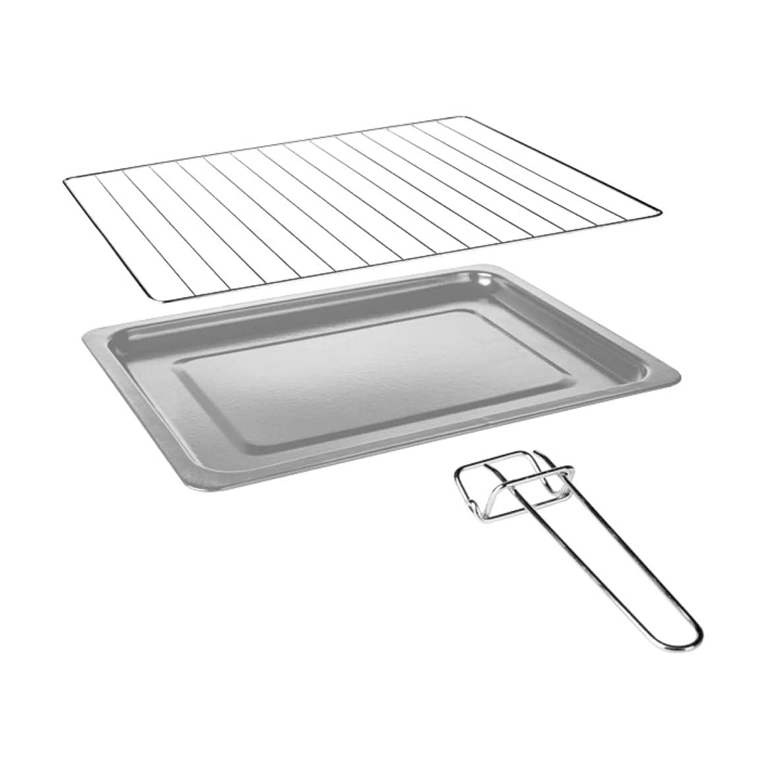 Accessori per forno: una griglia, una teglia e un manico. Sfondo bianco.