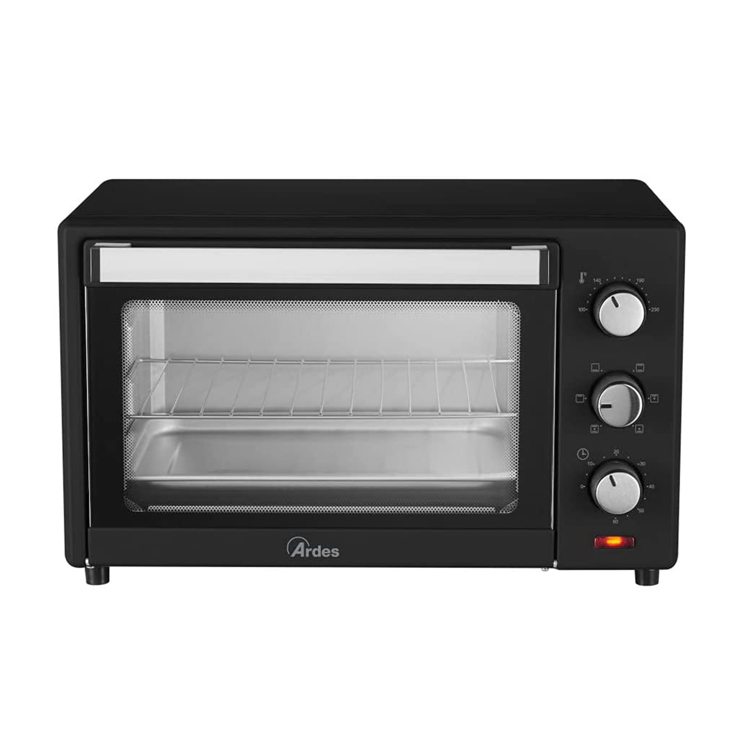 Un mini forno nero con comandi e porta a vetro, che mostra l'interno.