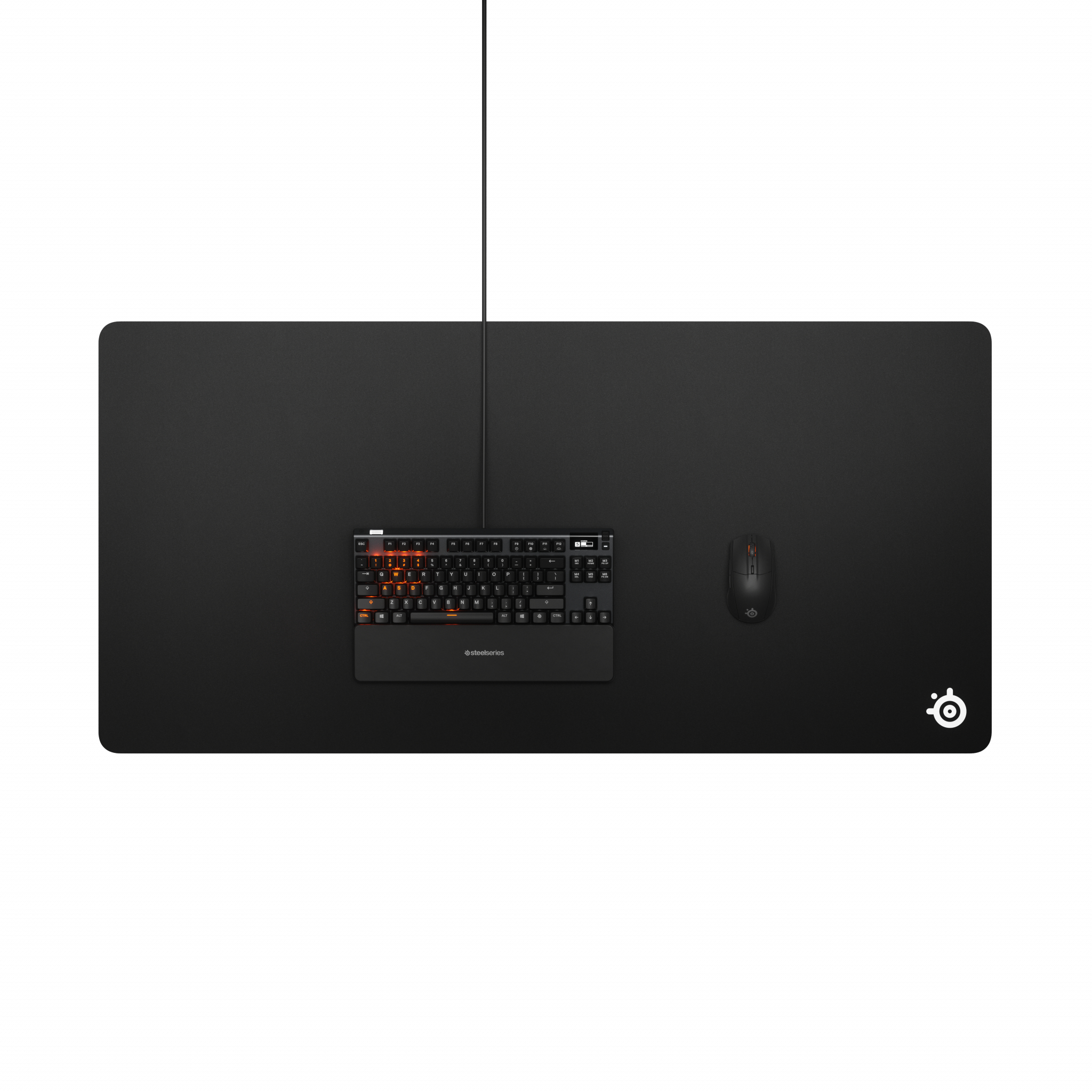 A black mousepad with a keyboard and mouse on it, against a white background.