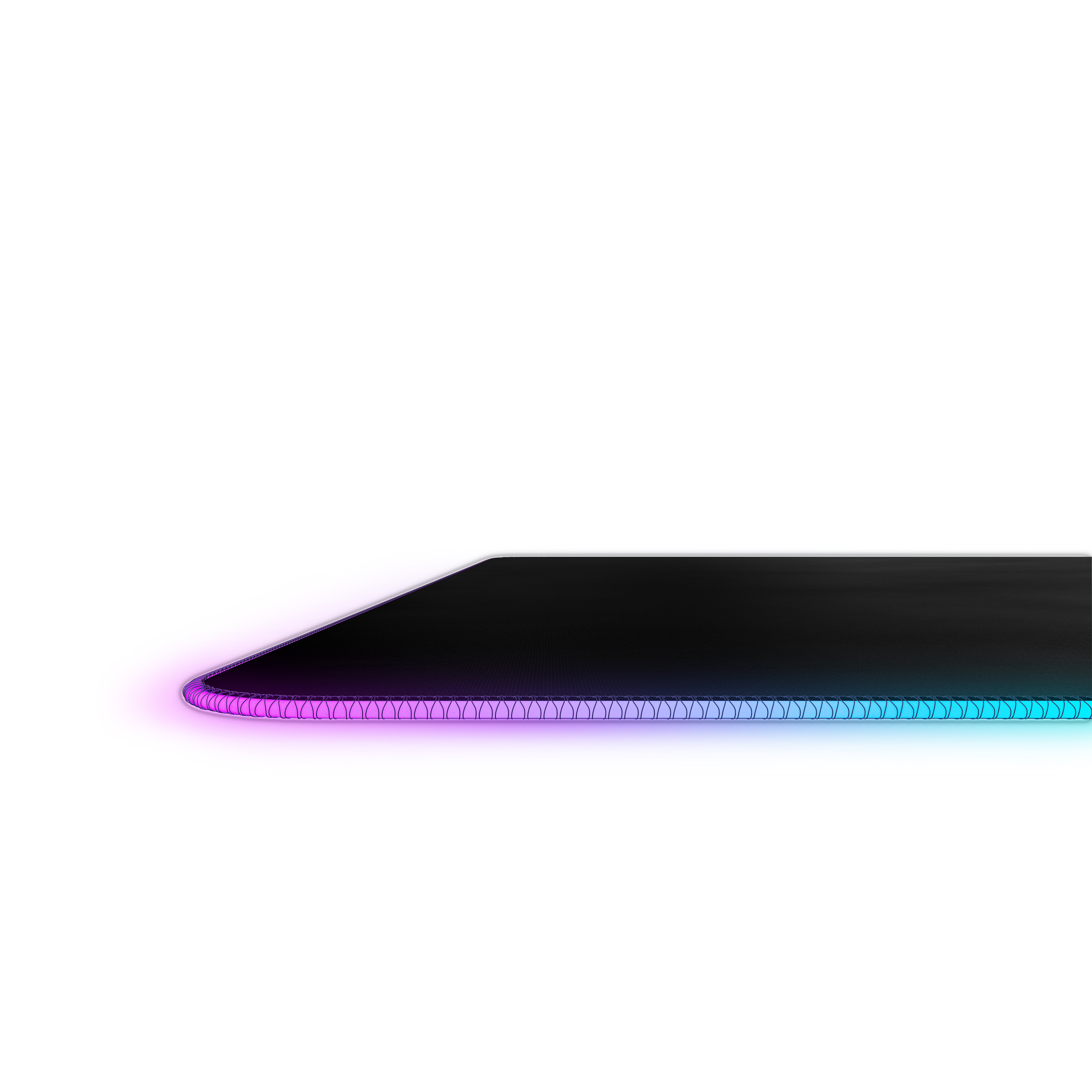 Black mousepad with a glowing blue and purple edge. White background.