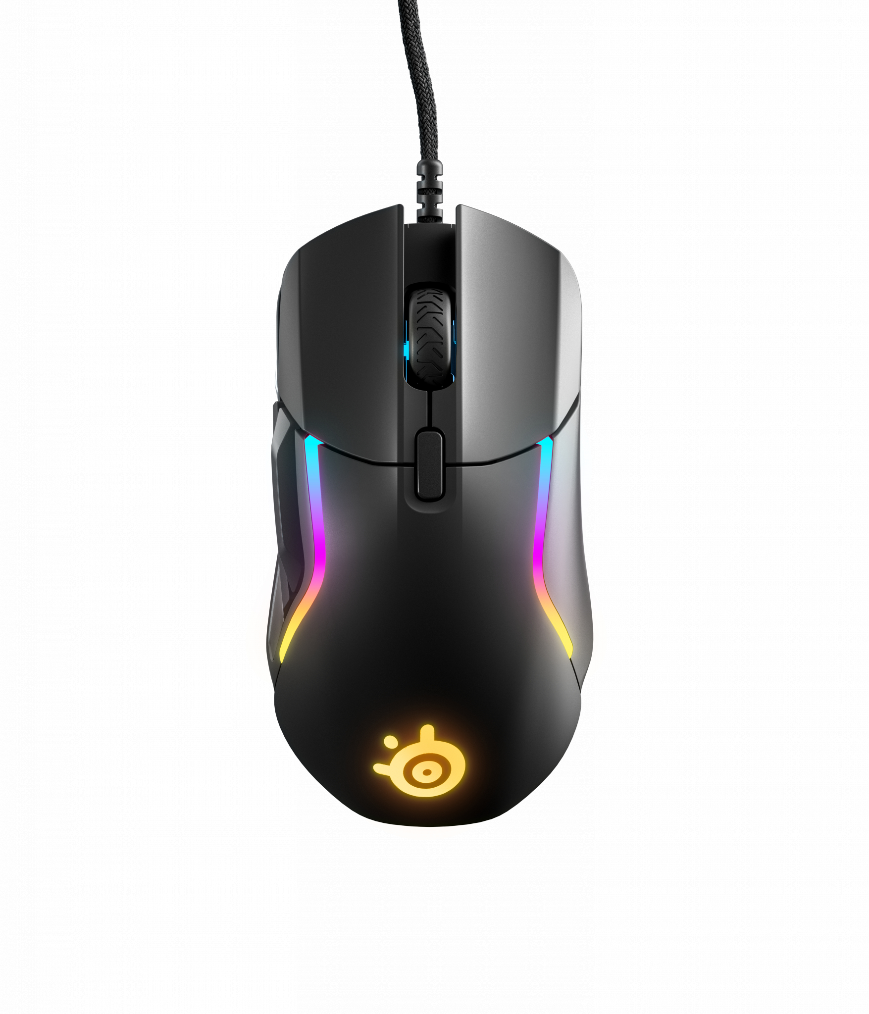 Zwarte gamingmuis met kleurrijke LED-verlichting. Ergonomisch design met meerdere knoppen en logo.