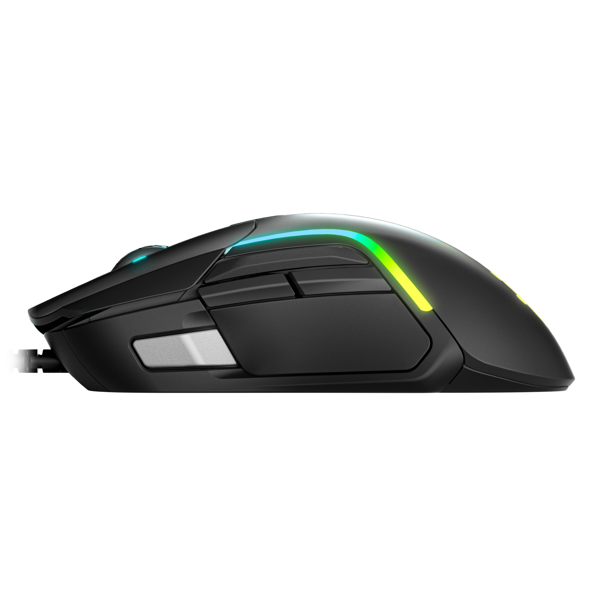 Zwarte gamingmuis met zijknoppen, RGB-verlichting en een kabel.
