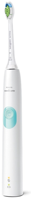 Brosse à dents électrique blanche et bleue. Montre la tête de brosse et le bouton d'alimentation.
