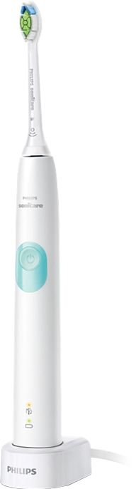 Brosse à dents électrique blanche avec bouton bleu et socle de chargement, sur fond blanc.