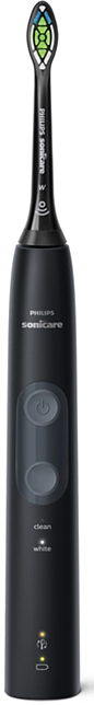 Une brosse à dents électrique noire. Elle comporte un bouton et des indicateurs de nettoyage et de batterie.