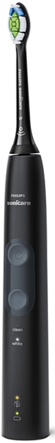 Brosse à dents électrique noire avec tête de brosse verte et blanche. Boutons pour les modes propre et blanc.