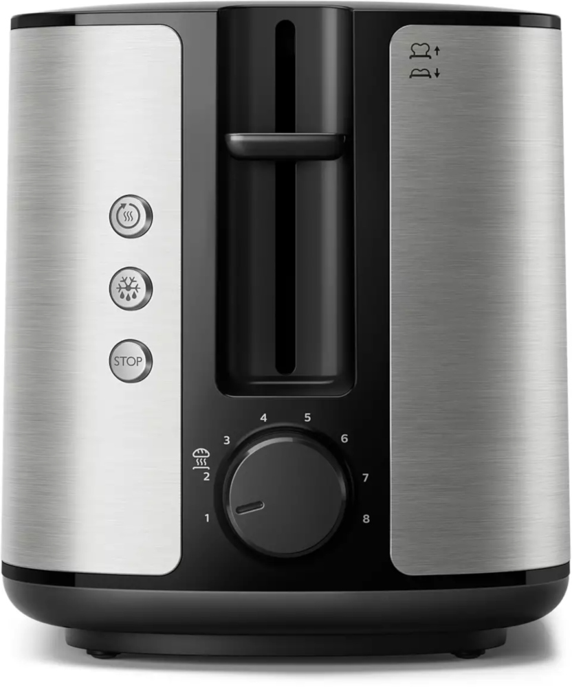 A black and silver Philips toaster with buttons and a dial for controlling browning.