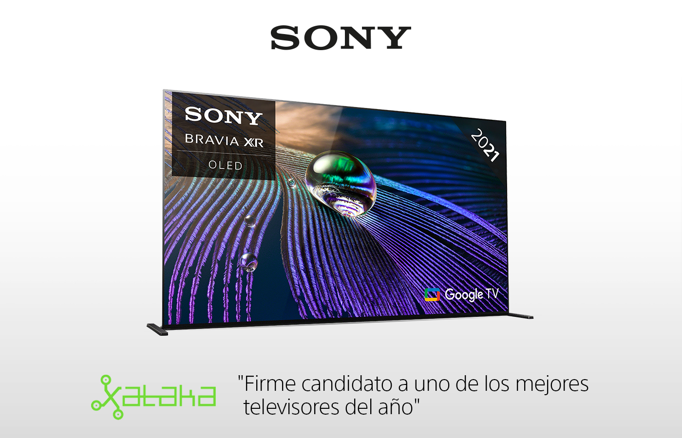 Sony Bravia XR OLED TV con efecto de gota de agua en la pantalla. Fondo blanco.