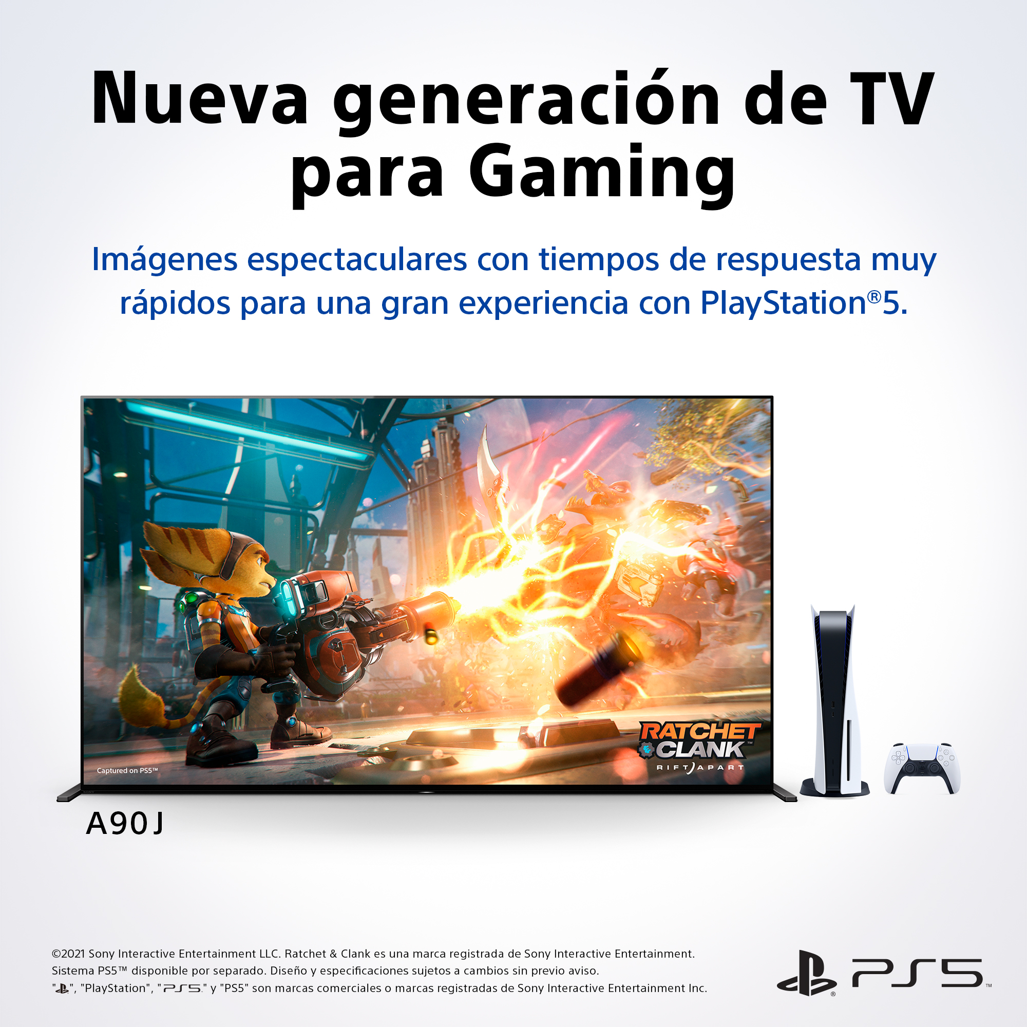 Anuncio de configuración de juegos. TV muestra una escena. PS5 y mando a la derecha.