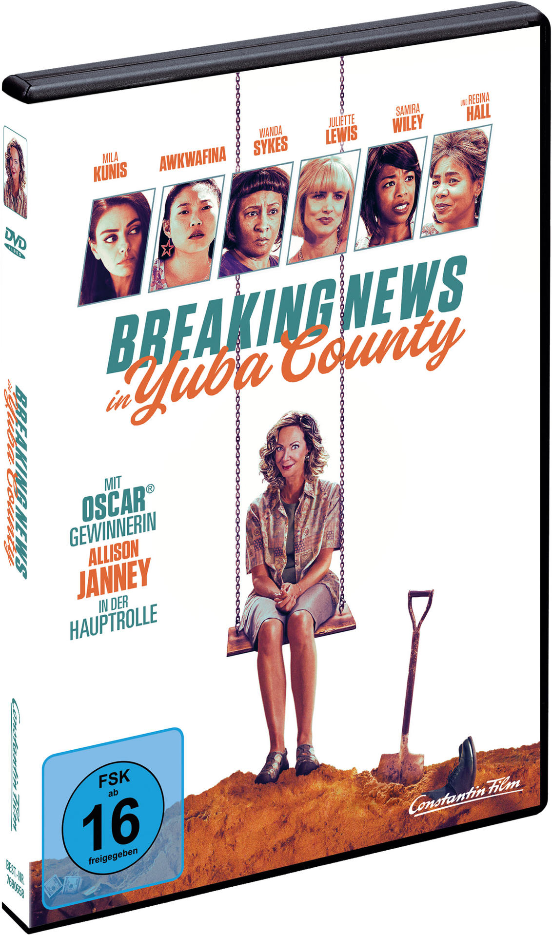 DVD-Cover mit Frauengesichtern, einer Frau auf einer Schaukel und einer Schaufel. Titel: Breaking News in Yuba County.