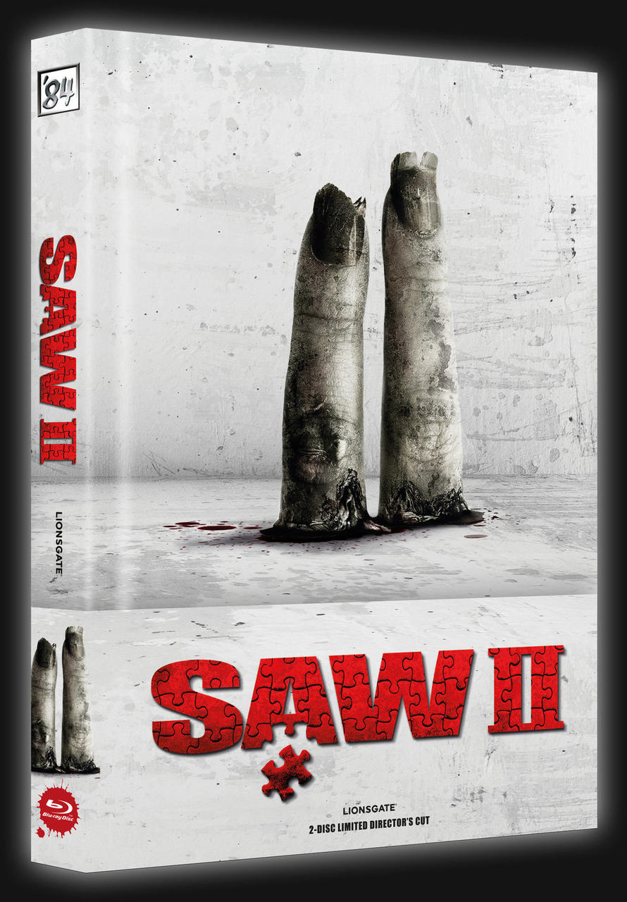 Saw II Filmcover. Zwei groteske Finger, roter Text auf weißem Hintergrund.
