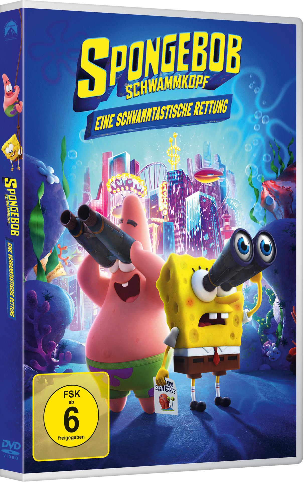 Spongebob-Film-DVD-Cover mit Spongebob und Patrick, die ein Fernglas halten, Stadt im Hintergrund.