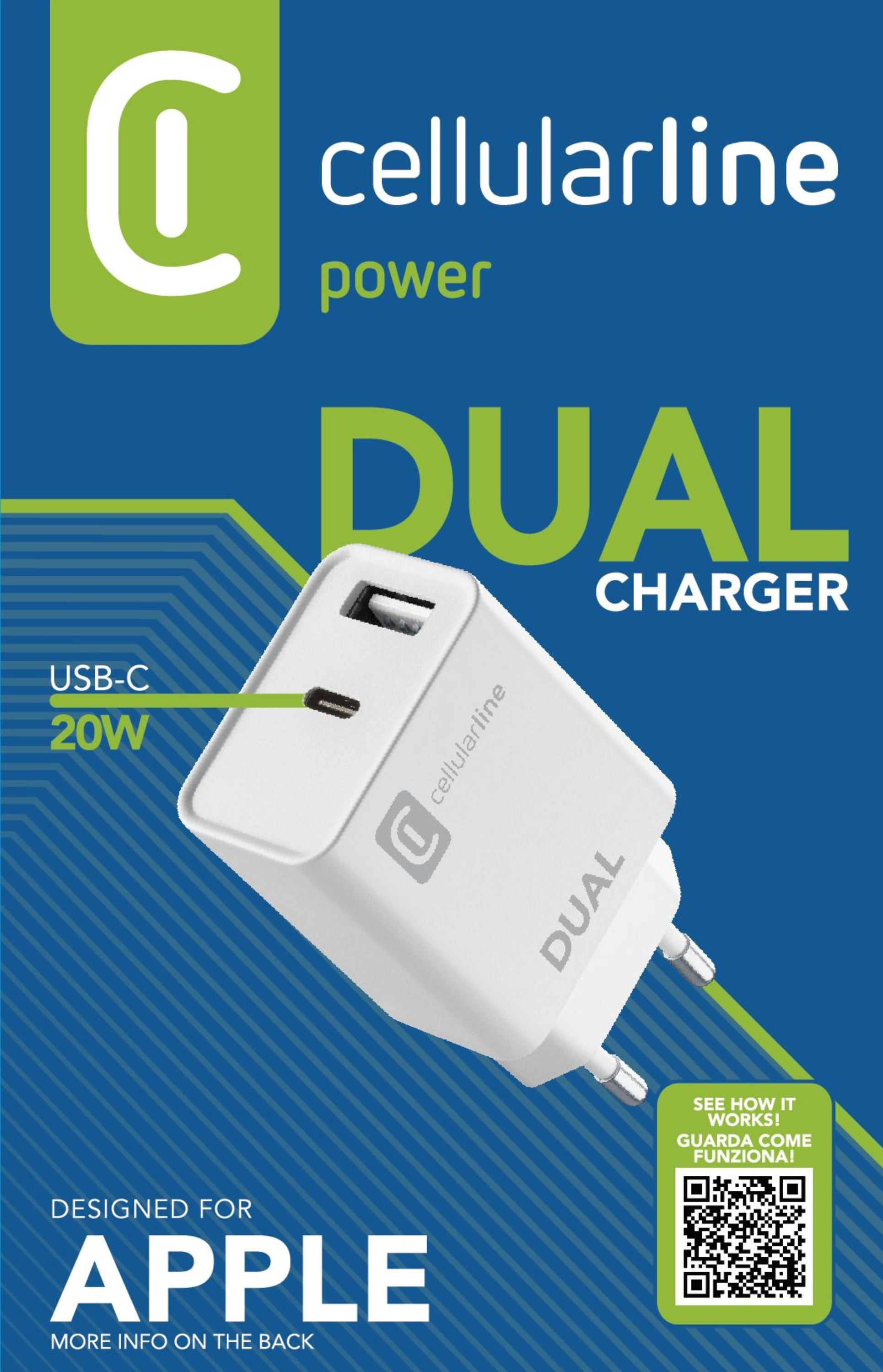 Mavi arka plan ve metinli beyaz çift USB-C şarj cihazı.