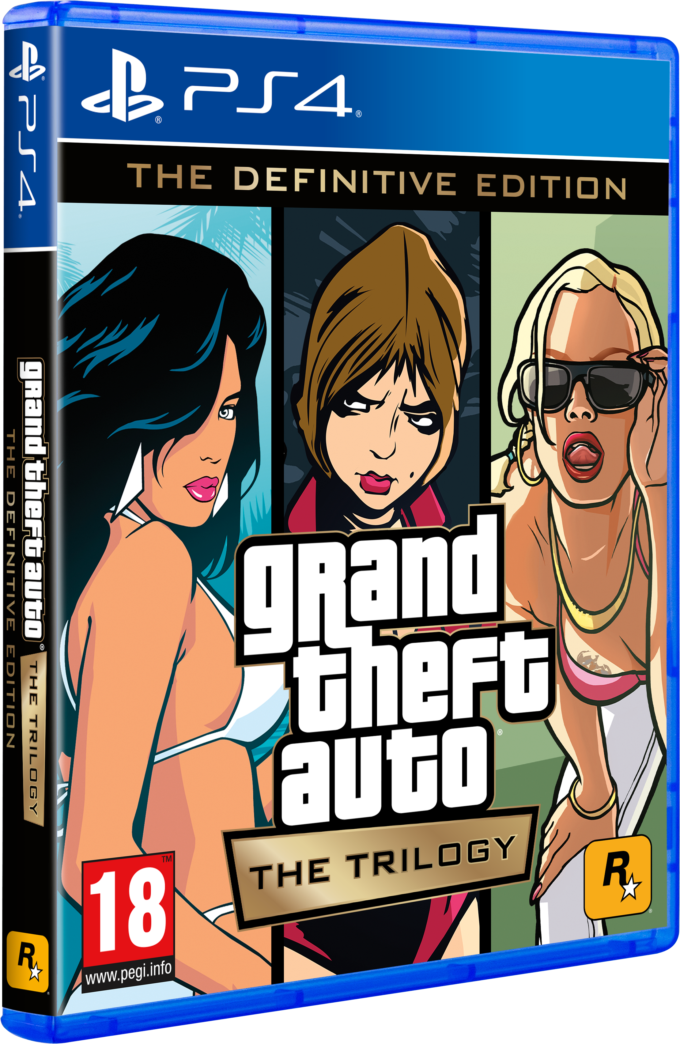 PS4-Spielbox von Grand Theft Auto: The Trilogy. Zeigt 3 Charaktere.