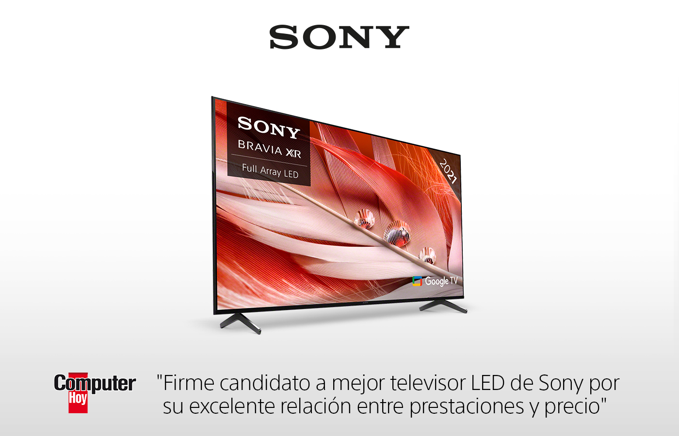 Televisor Sony con fondo rojo y blanco. Texto en la pantalla y el logotipo de Sony son visibles.