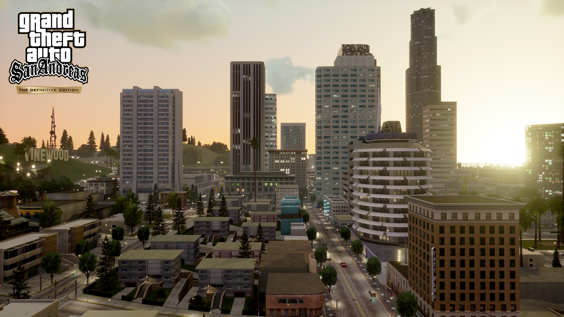 Stadtansicht aus Grand Theft Auto: San Andreas. Gebäude, Straßen und Sonnenuntergangshimmel. Logo.