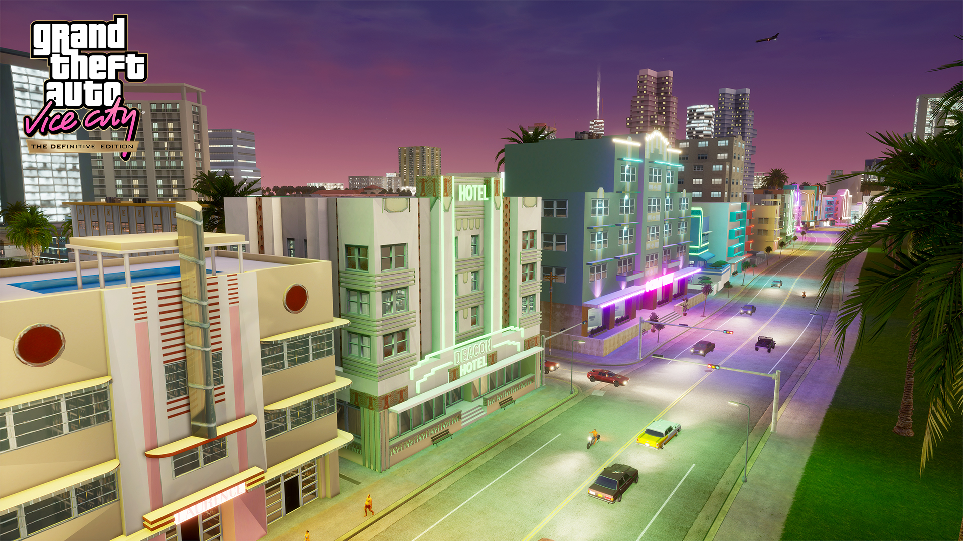 Eine Stadtstraßenszene aus Grand Theft Auto: Vice City. Gebäude, Autos und ein lila Himmel.