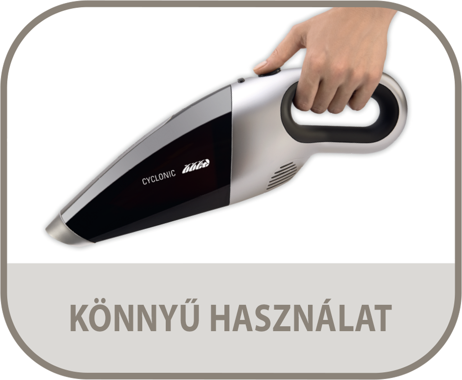 Kéz tart egy ezüst és fekete kézi porszívót.