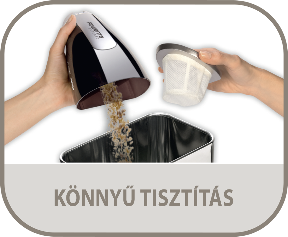 Kezek kiürítenek egy porszívót. A szöveg: 'Könnyű tisztítás'.