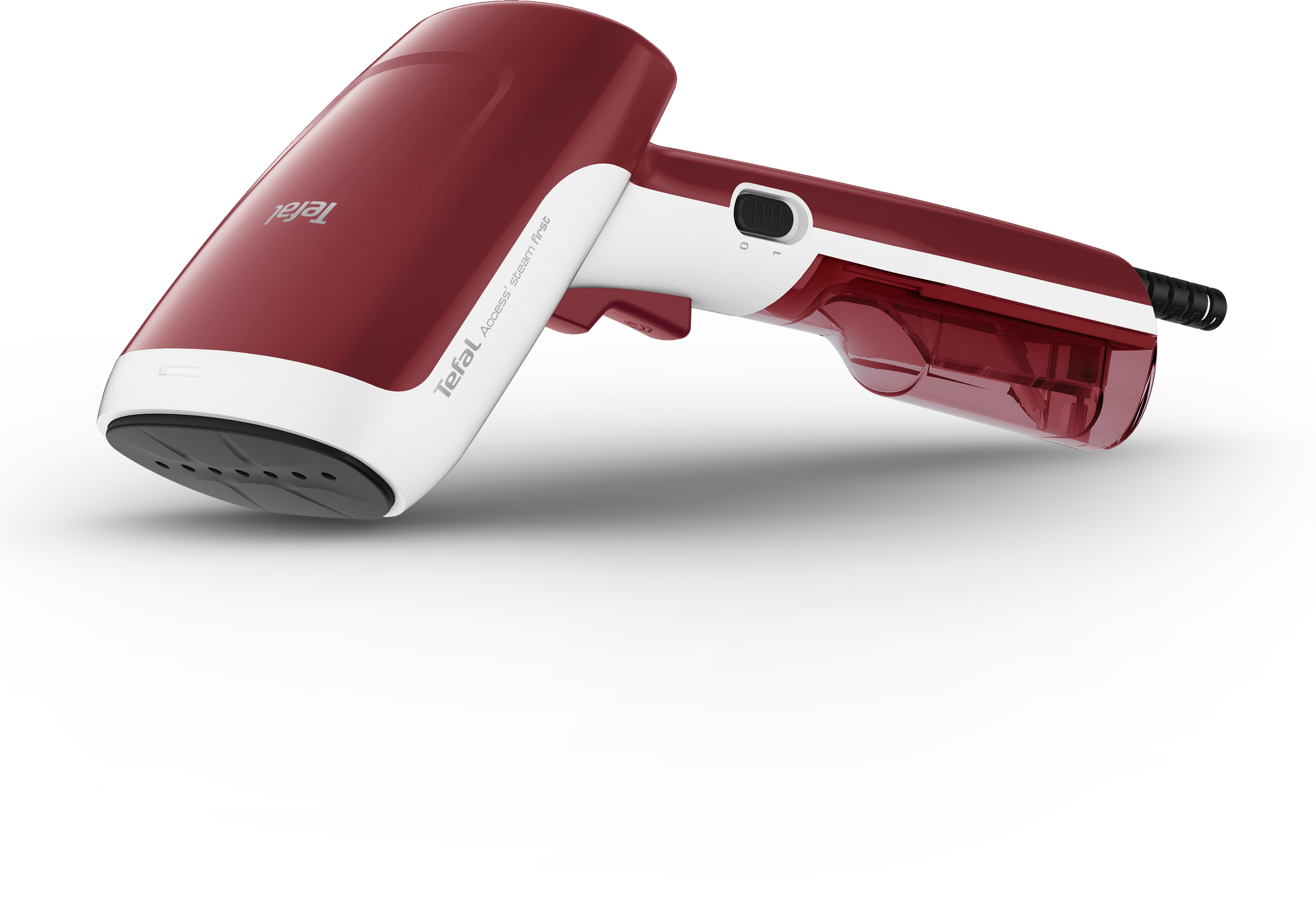 Piros-fehér Tefal Access Steam First kézi gőzölő fekete háttérrel.