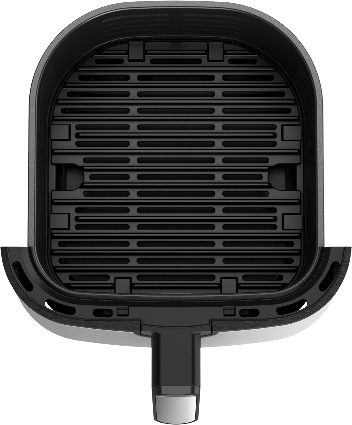 Draufsicht auf einen schwarzen Airfryer-Korb mit Griff und geschlitztem Boden.