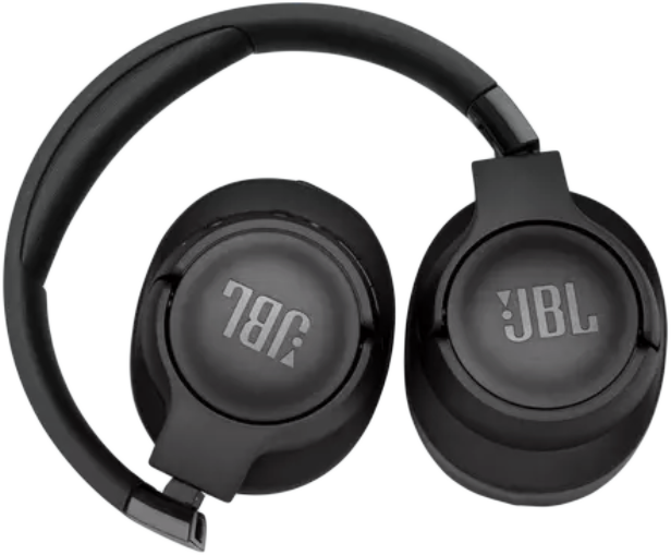 Fekete JBL fejhallgató, összehajtva. A JBL logója látható a fülkagylókon.