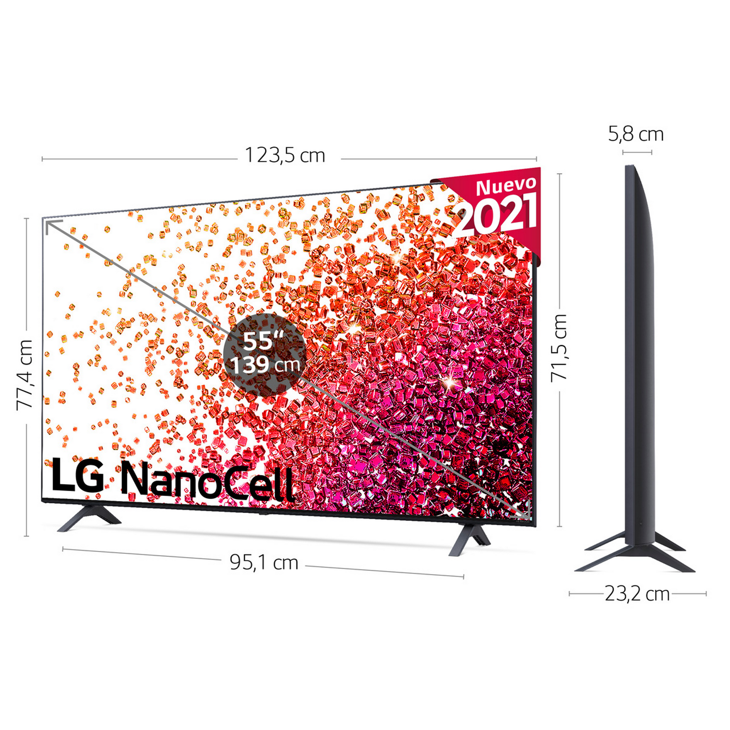 TV LG NanoCell con patrón rojo y rosa, con dimensiones y vista lateral.