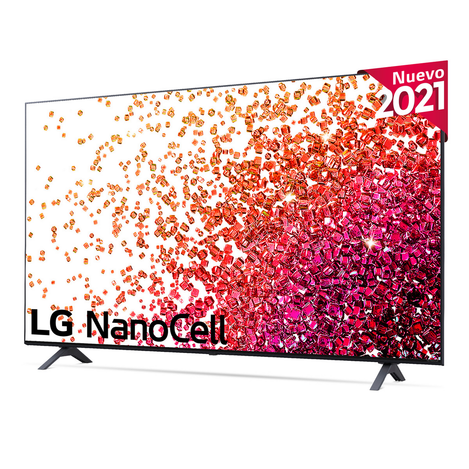 LG NanoCell TV. Marco negro. Fondo pixelado rojo y naranja. Etiqueta 'Nuevo 2021'. Soporte negro.