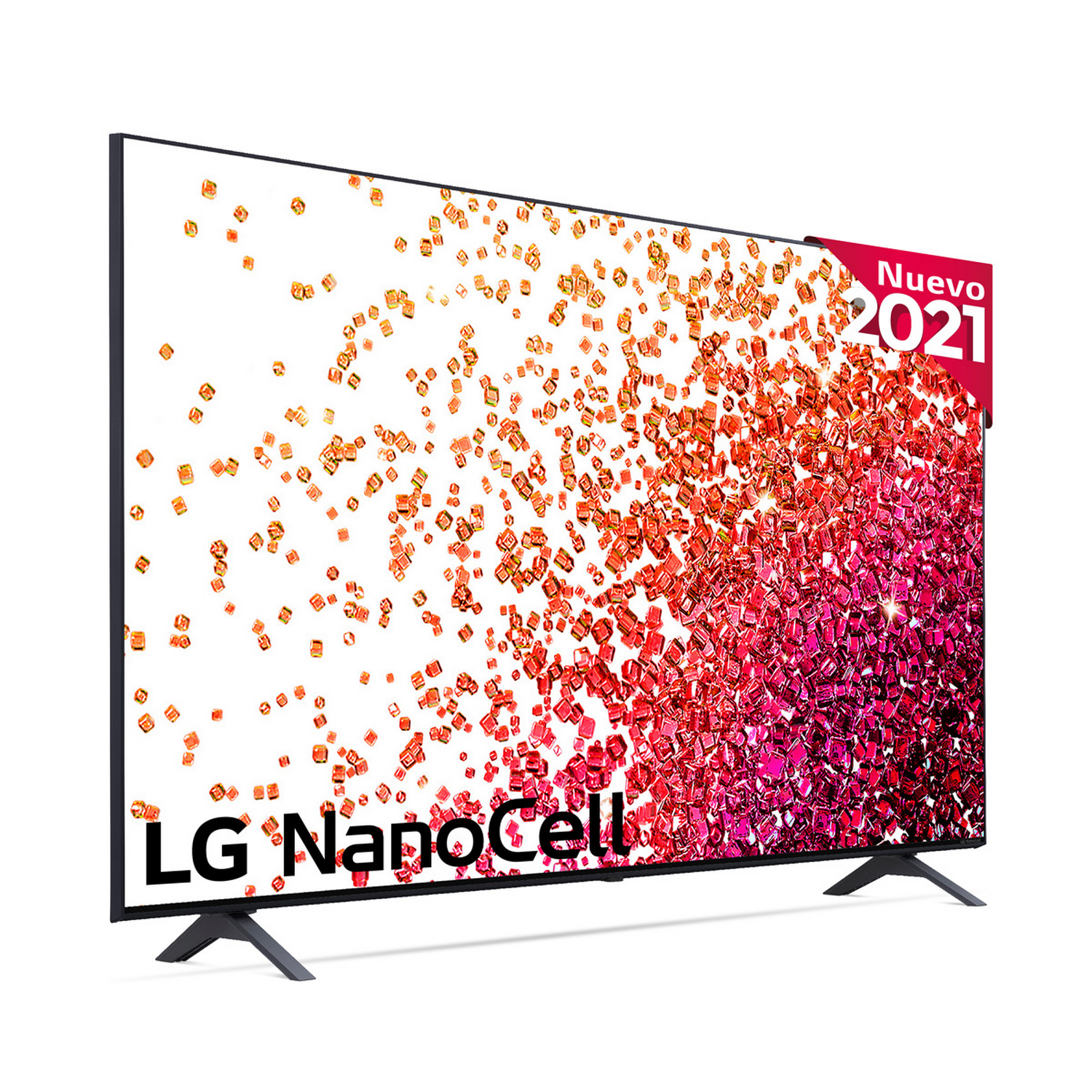 Televisor LG NanoCell, con arte abstracto rojo y blanco.