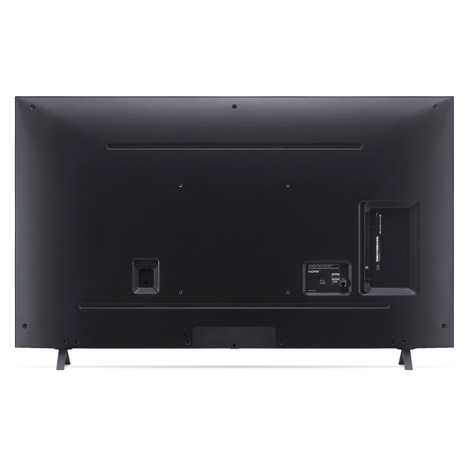 Parte trasera de un televisor negro. Tiene puertos y un soporte, sobre un fondo blanco.