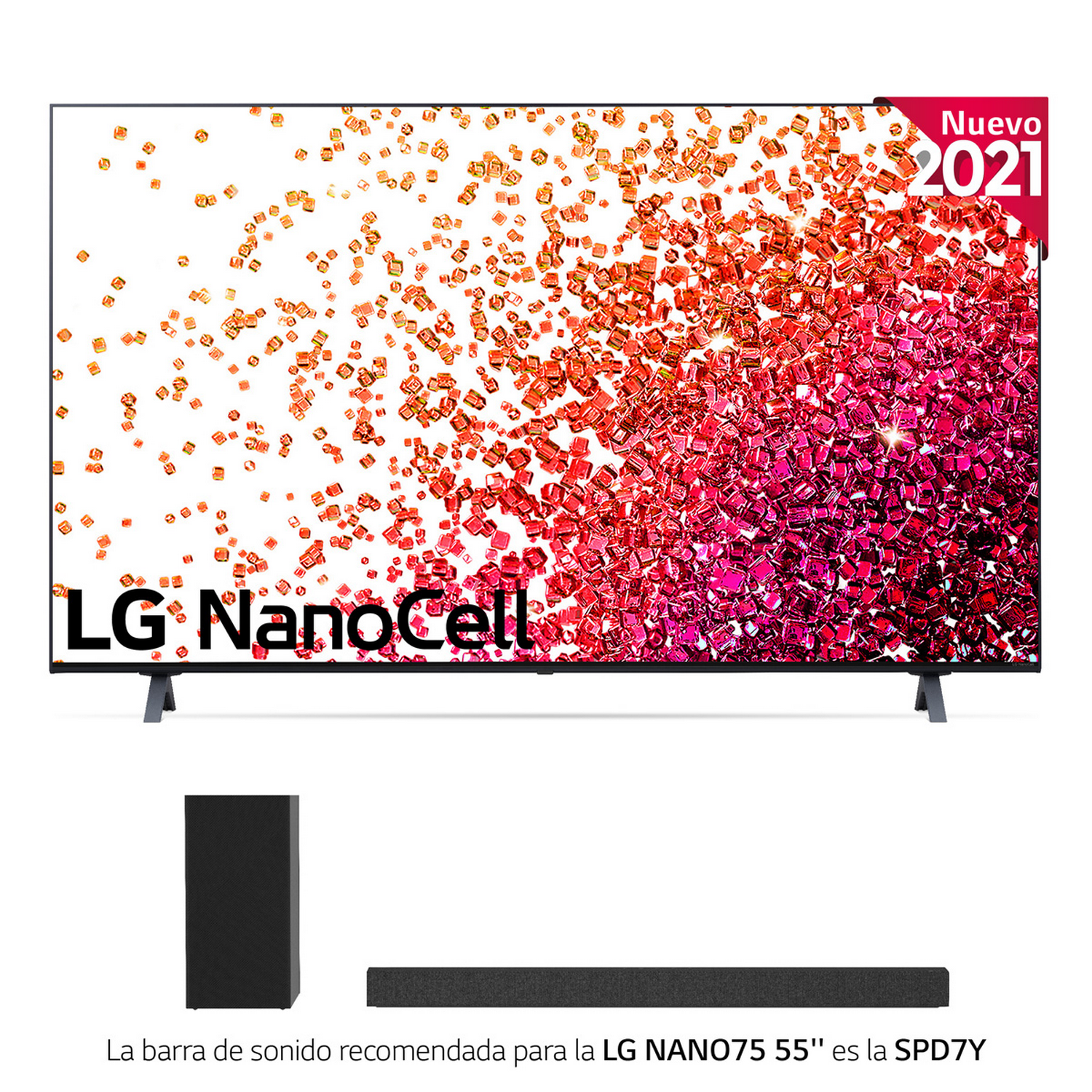 TV LG Nanocell con barra de sonido y subwoofer, con texto en español.