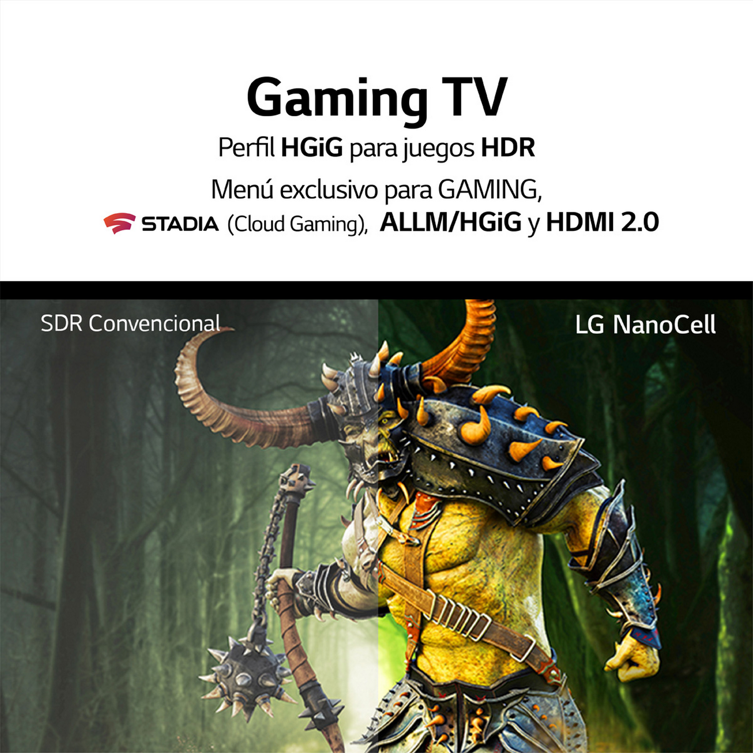 Una pantalla de TV para juegos que muestra a un guerrero en una escena HDR, con superposición de texto.