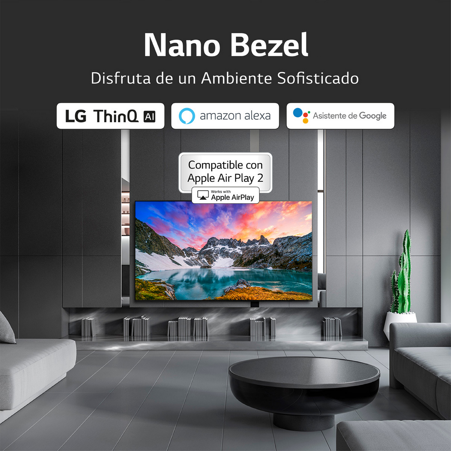 Salón con televisor que muestra una escena de paisaje. Los logotipos de LG ThinQ AI, Alexa y Google Assistant son visibles.