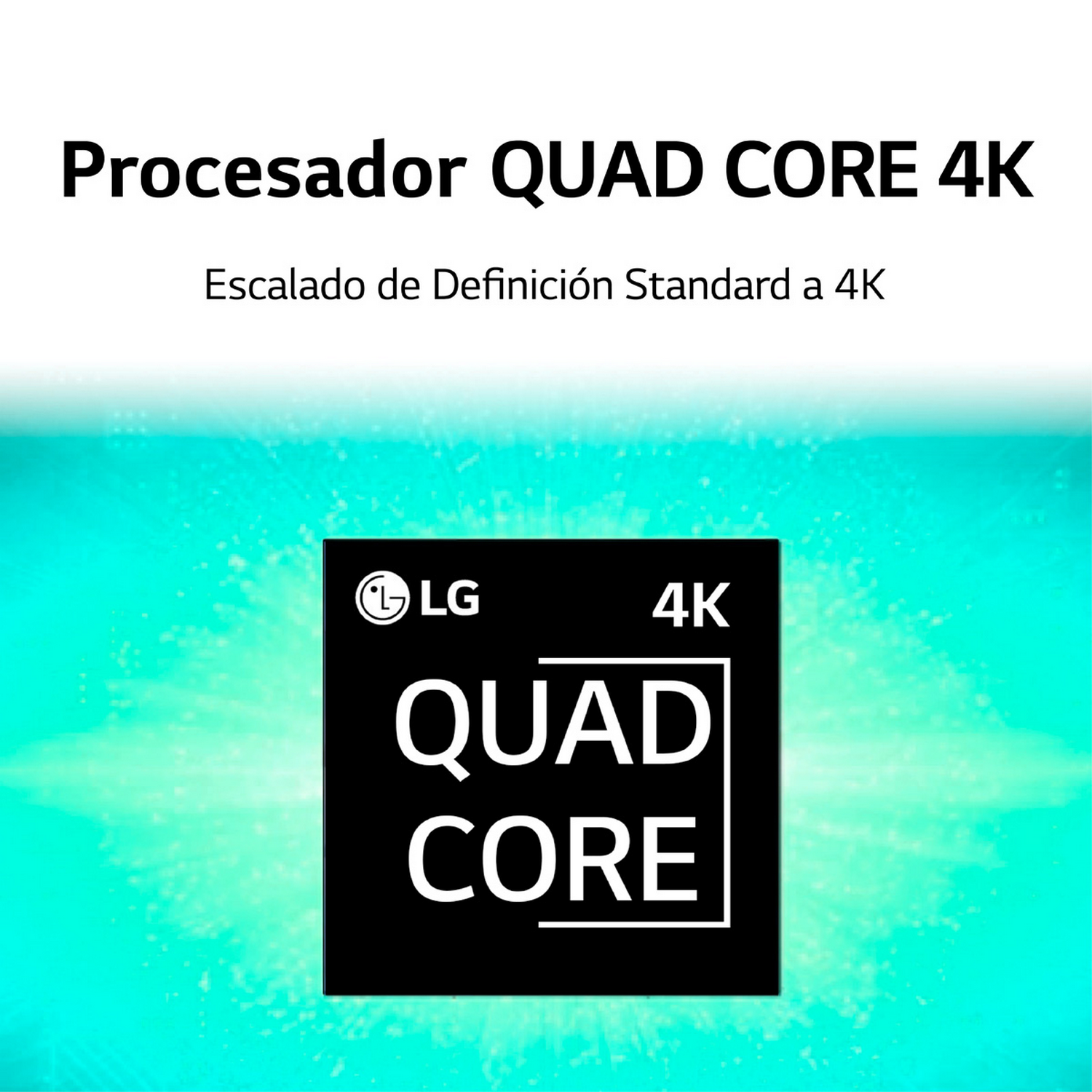 Un logotipo negro del procesador LG Quad Core 4K sobre un fondo blanco. El texto está en español.