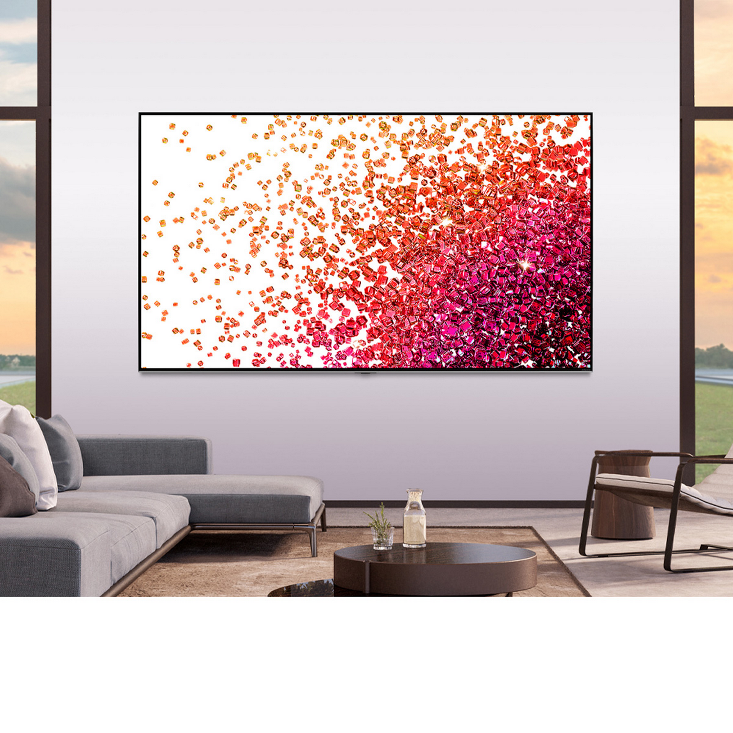 Salón moderno con una gran obra de arte enmarcada de cristales rojos.