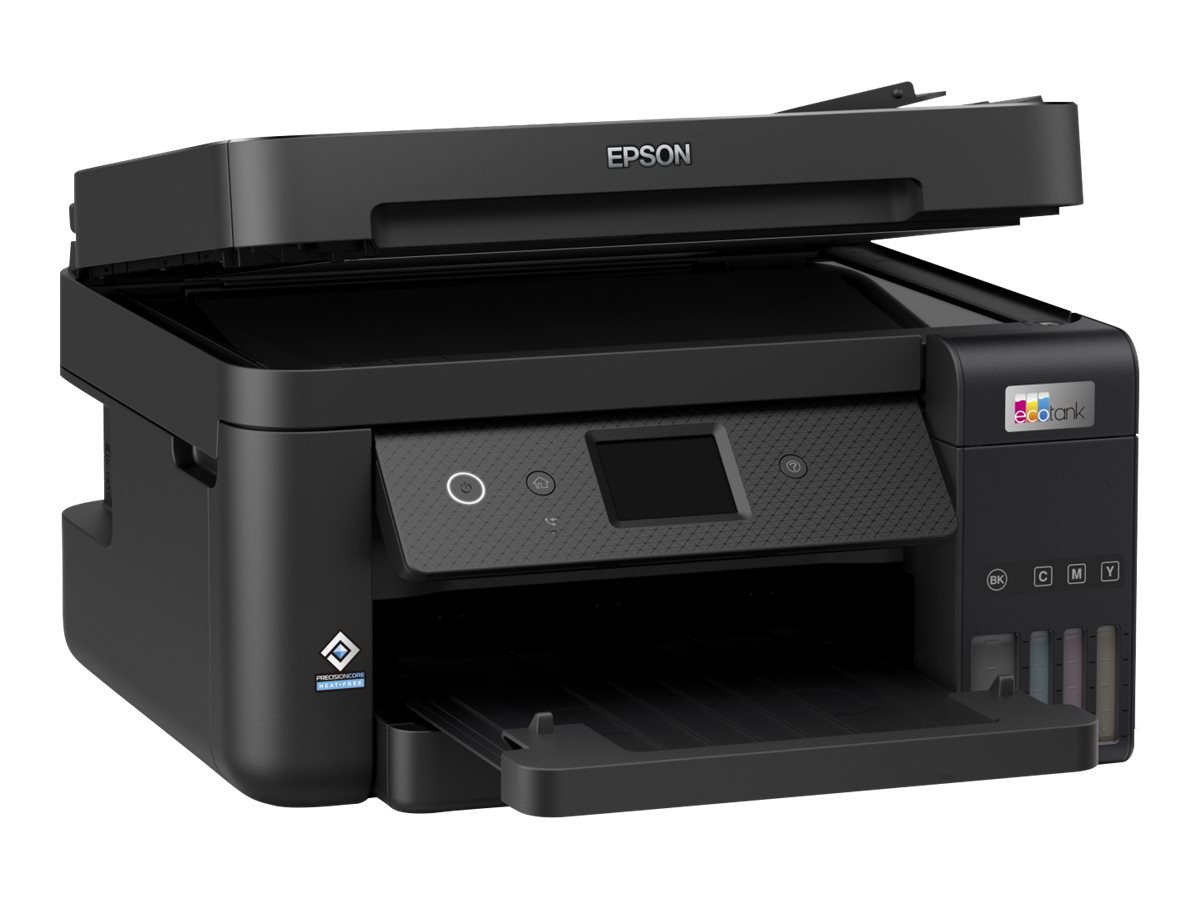 Schwarzer Epson-Drucker mit geöffnetem Scannerdeckel und Papierfach. Tintenbehälter sichtbar.