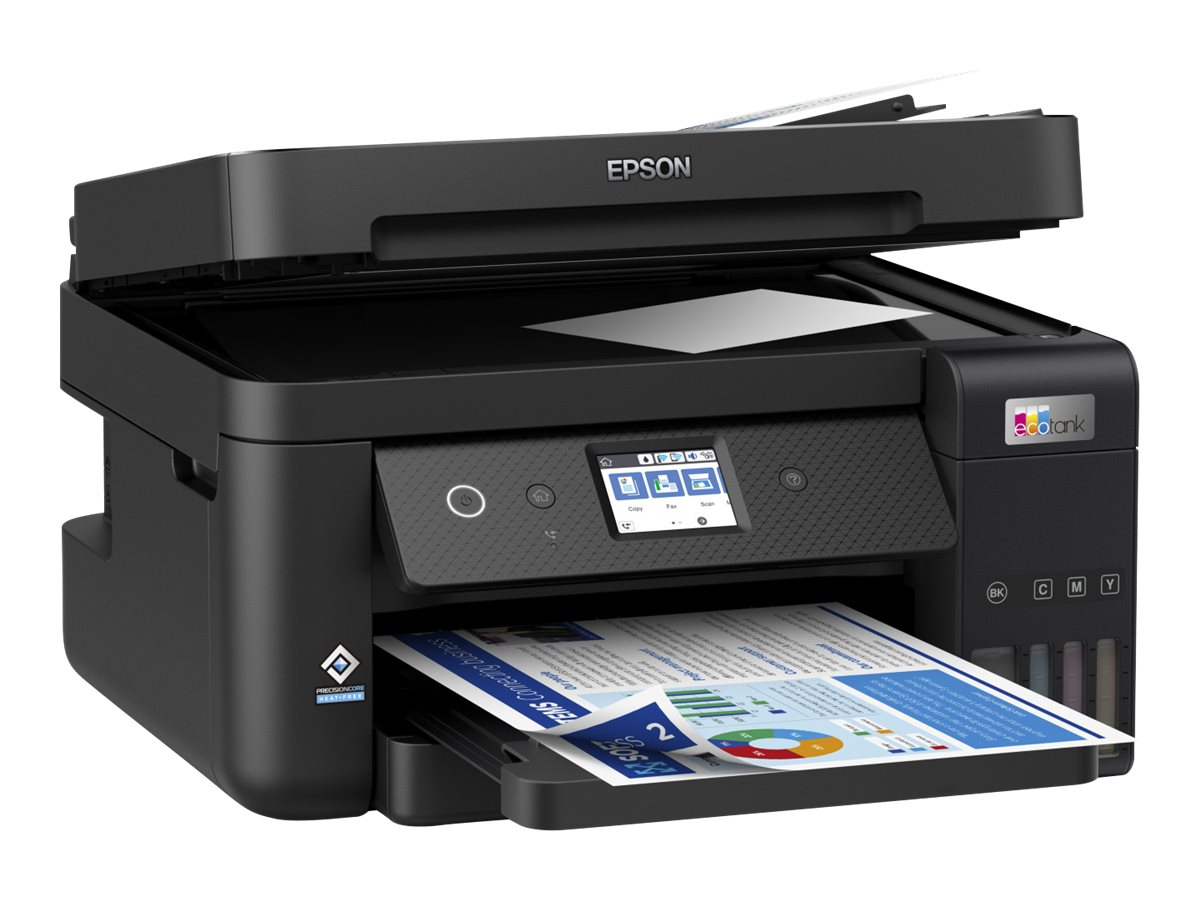 Schwarzer Epson-Drucker mit offenem Papierfach. Eine bedruckte Seite mit Diagrammen und Text ist sichtbar.