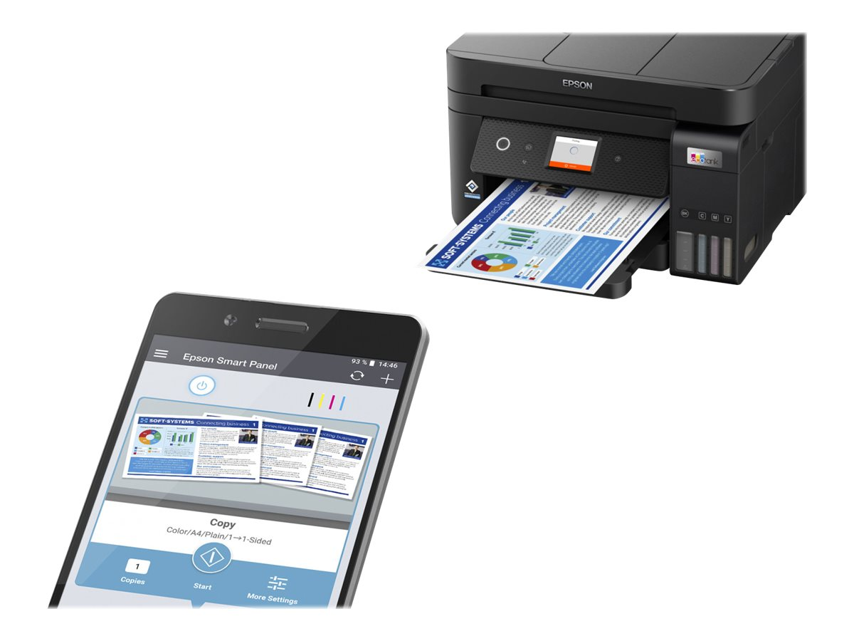 Epson-Drucker druckt Dokument vom Telefon. Telefon zeigt Dokumentvorschau. Schwarzer Drucker, weißer Hintergrund.