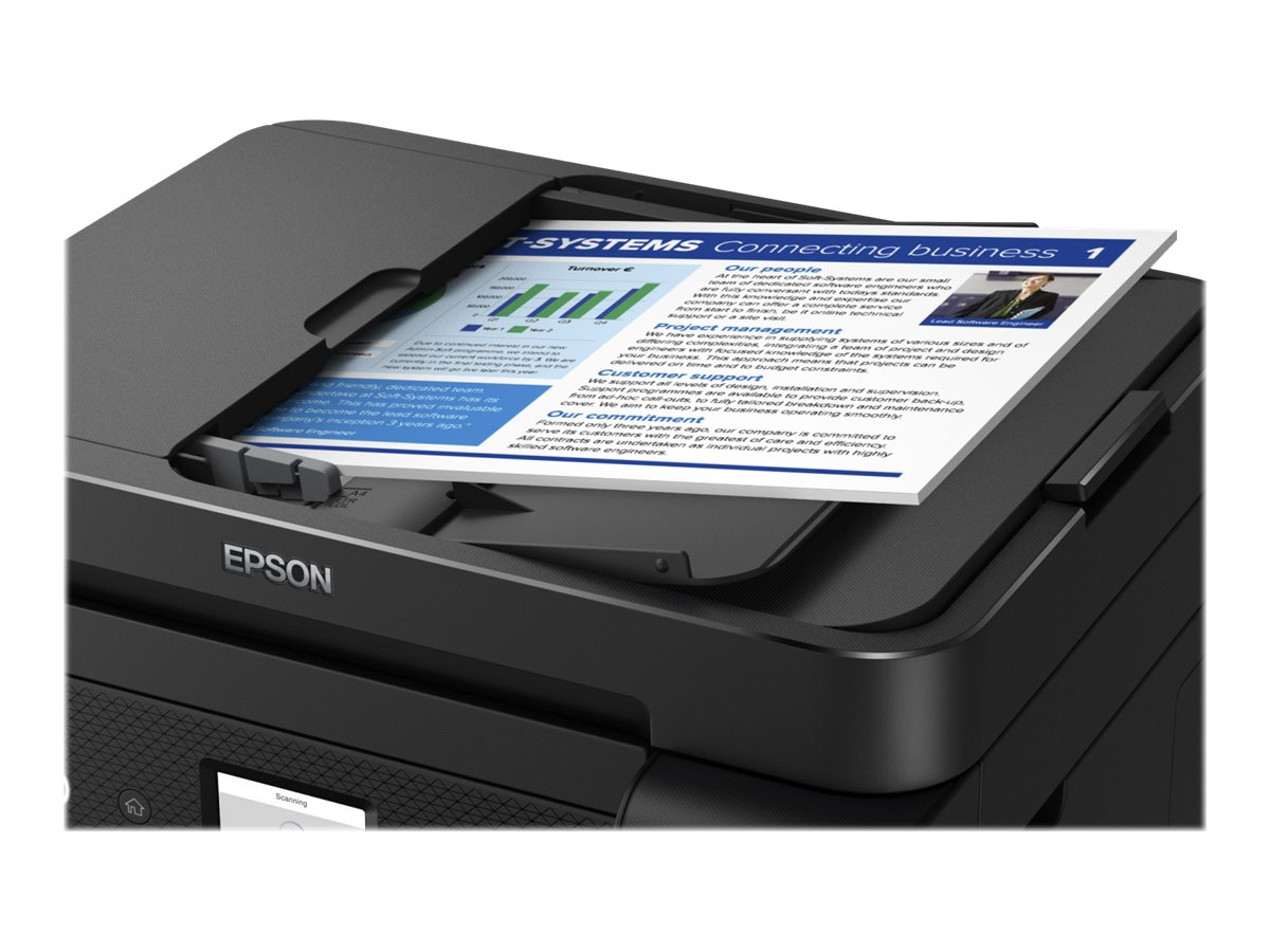 Schwarzer Epson-Drucker mit einem Dokument darin. Das Epson-Logo ist sichtbar. Das Papier zeigt einen Geschäftsbericht.