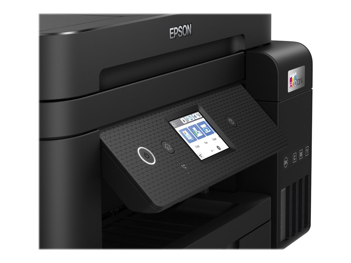 Schwarzer Epson-Drucker mit Bedienfeld, das einen Bildschirm, Tasten und ein Papierfach zeigt.