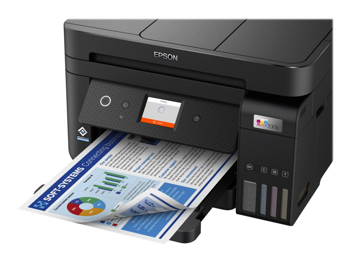 Ein Epson EcoTank-Drucker, der einen farbenfrohen Geschäftsbericht druckt, mit Fortschrittsbalken.