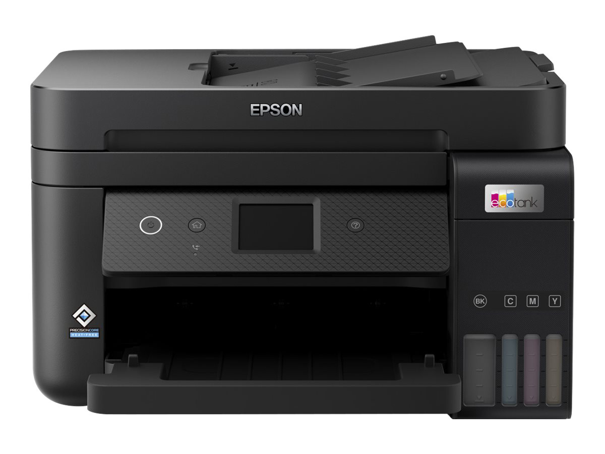 Schwarzer Epson-Drucker mit offenem Papierfach, Tintenpatronen sichtbar.