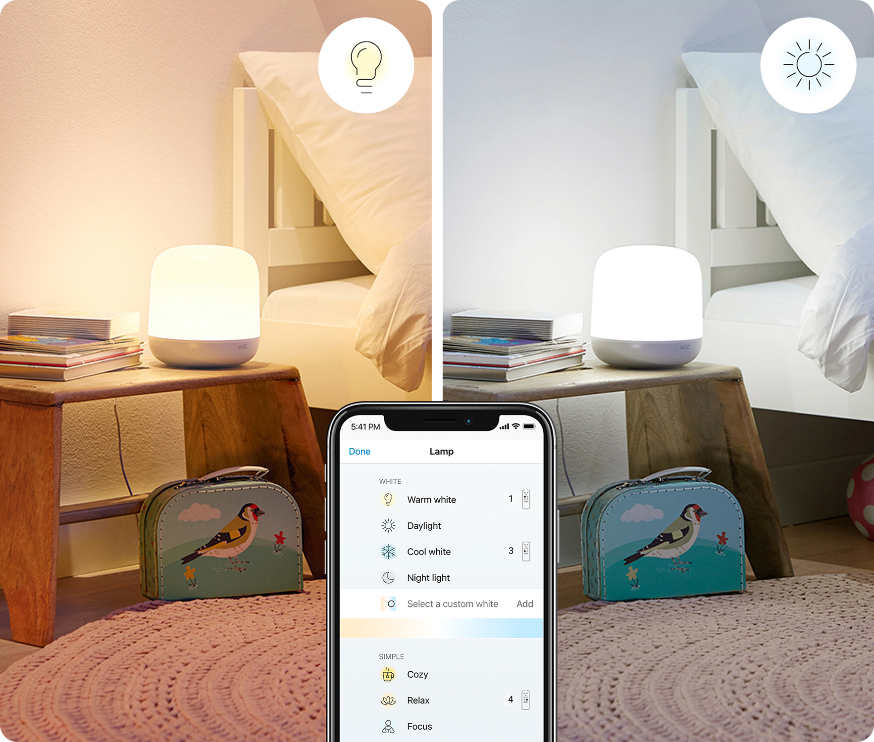Two lamps, one warm and one cool, with a phone showing settings.