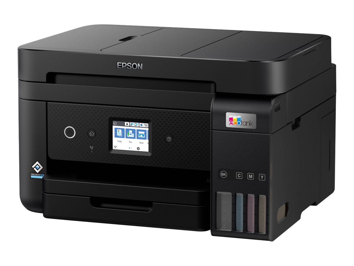 Schwarzer Epson-Drucker mit Tintenbehältern an der Seite. Er hat einen Bildschirm und Knöpfe vorne.