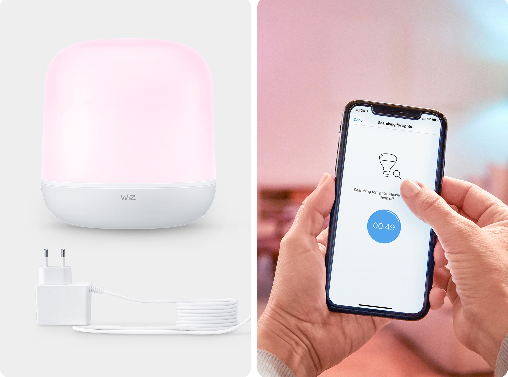 A white and gray lamp with a phone showing the app is searching for lights.