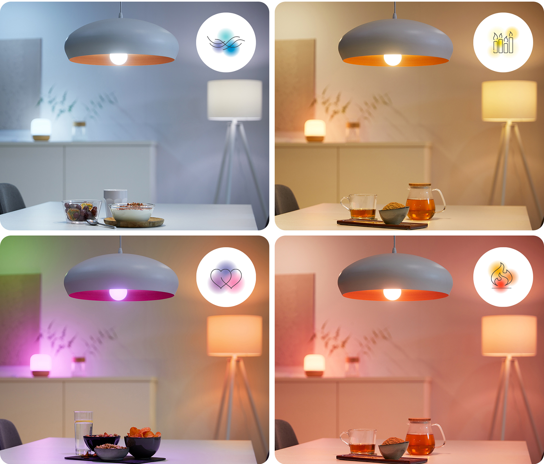 Four images showing different color-changing lights and home decor settings.