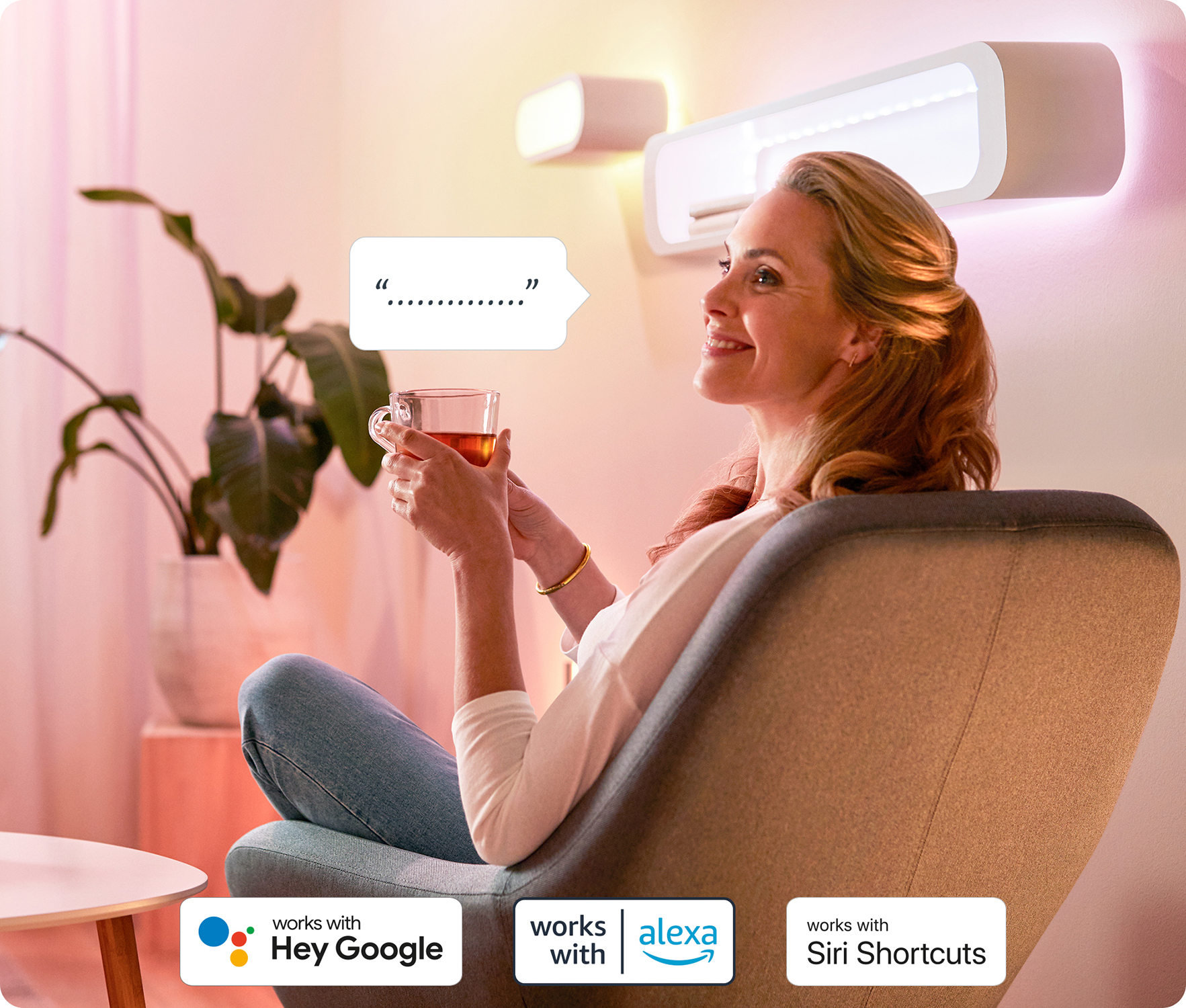 A woman sits with a teacup. A light fixture is behind her. Text bubbles read quotes.