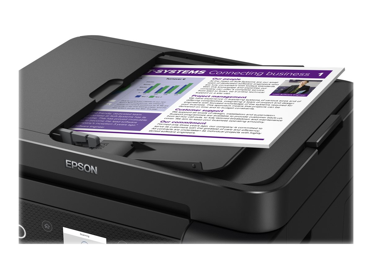 Schwarzer Epson-Drucker, der ein Dokument druckt. Das Papier zeigt Text und Grafiken. Der Drucker steht auf weißem Hintergrund.