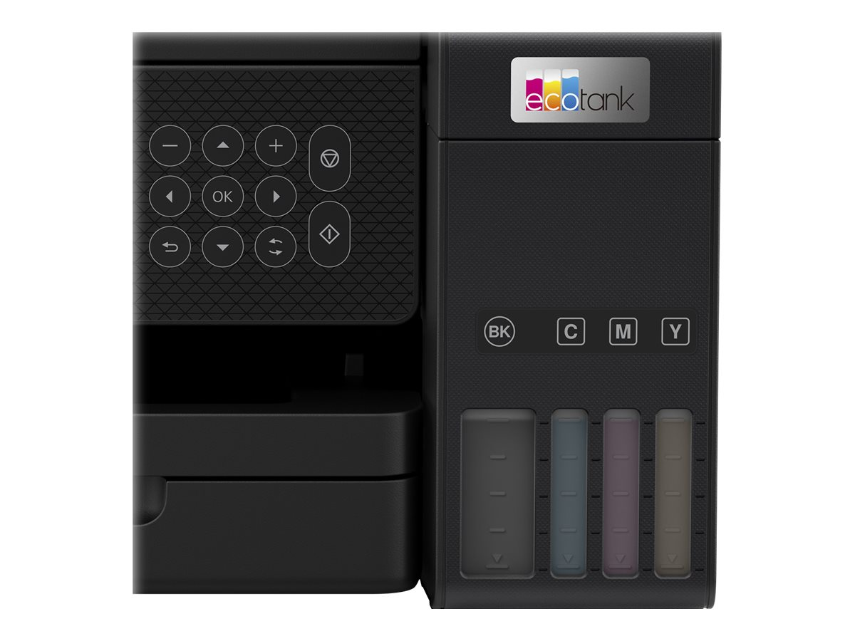 Schwarzer Epson EcoTank Drucker. Er hat ein Bedienfeld und Tintenbehälter für Schwarz, Cyan, Magenta und Gelb.