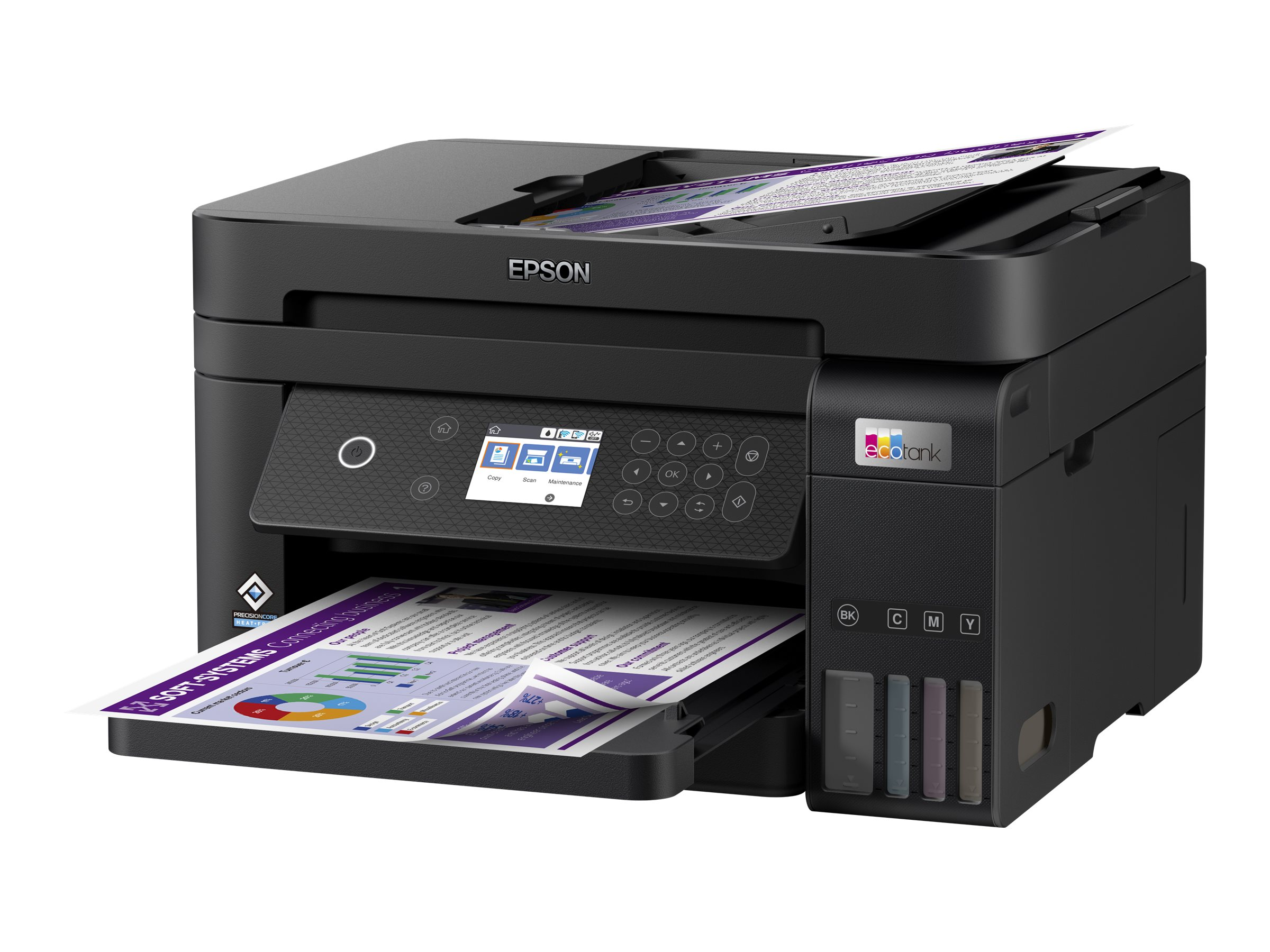 Schwarzer Epson Ecotank-Drucker mit Papier im Fach und oben heraus.